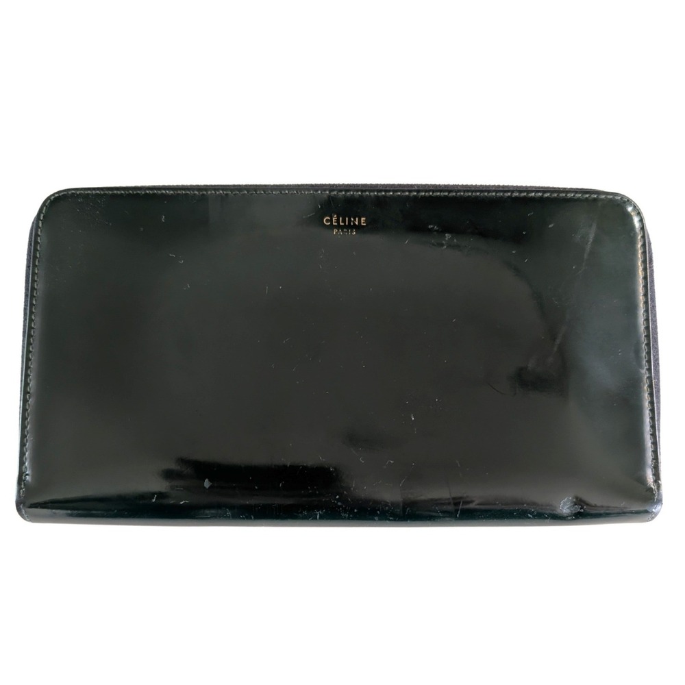 Celine Paris Large Zipped Wallet Dark Green Patent Leather Gold Hardware